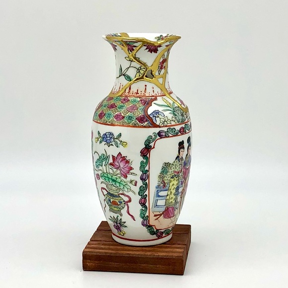 Kintsugi Vase Chinese Vtg Famille Rose Medallion Gold Crack Japanese Growth Gift - Picture 5 of 13